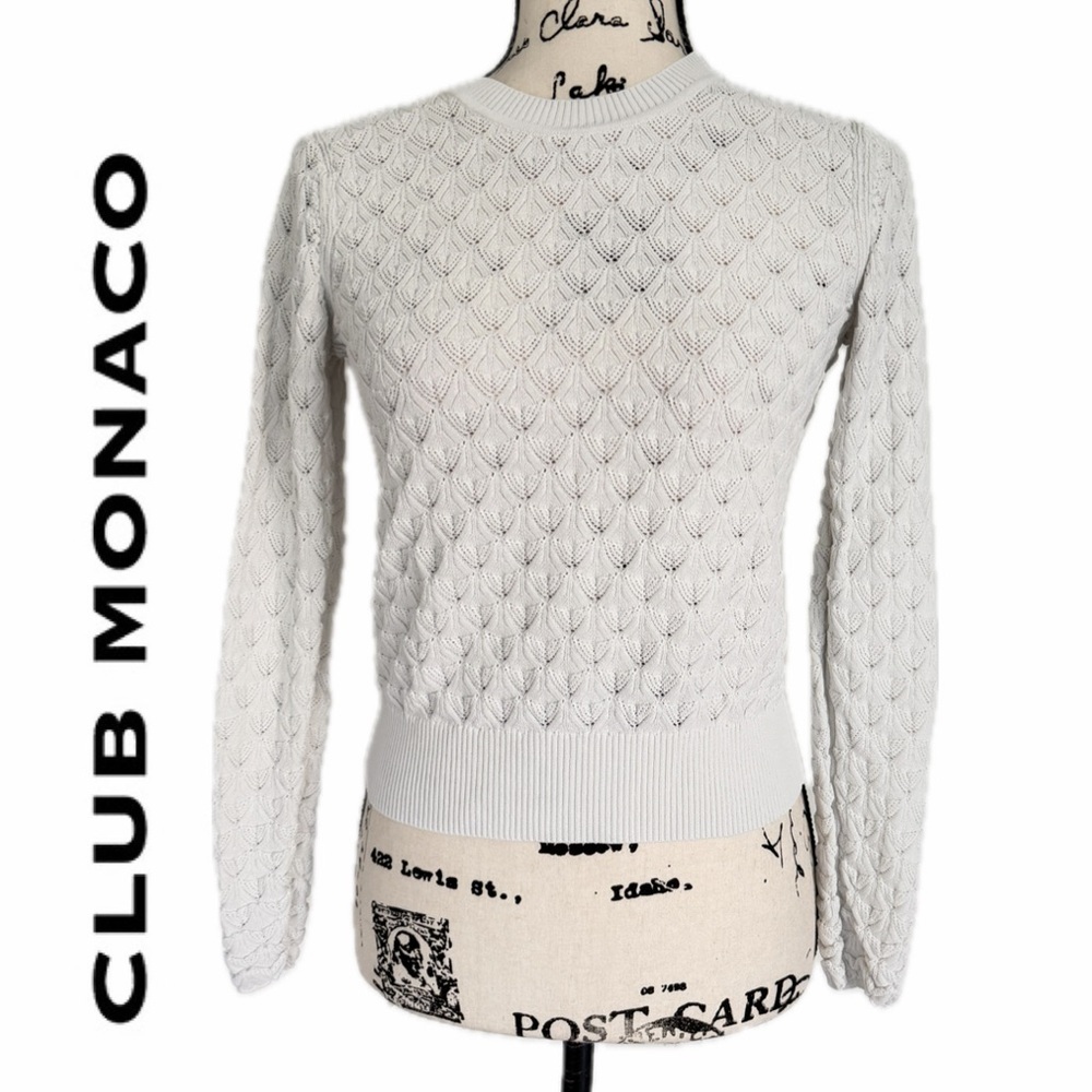 Club Monaco Sweater Pointelle Knit Sz S Ivory Ribbed Collar/Hem Quiet Luxurycore